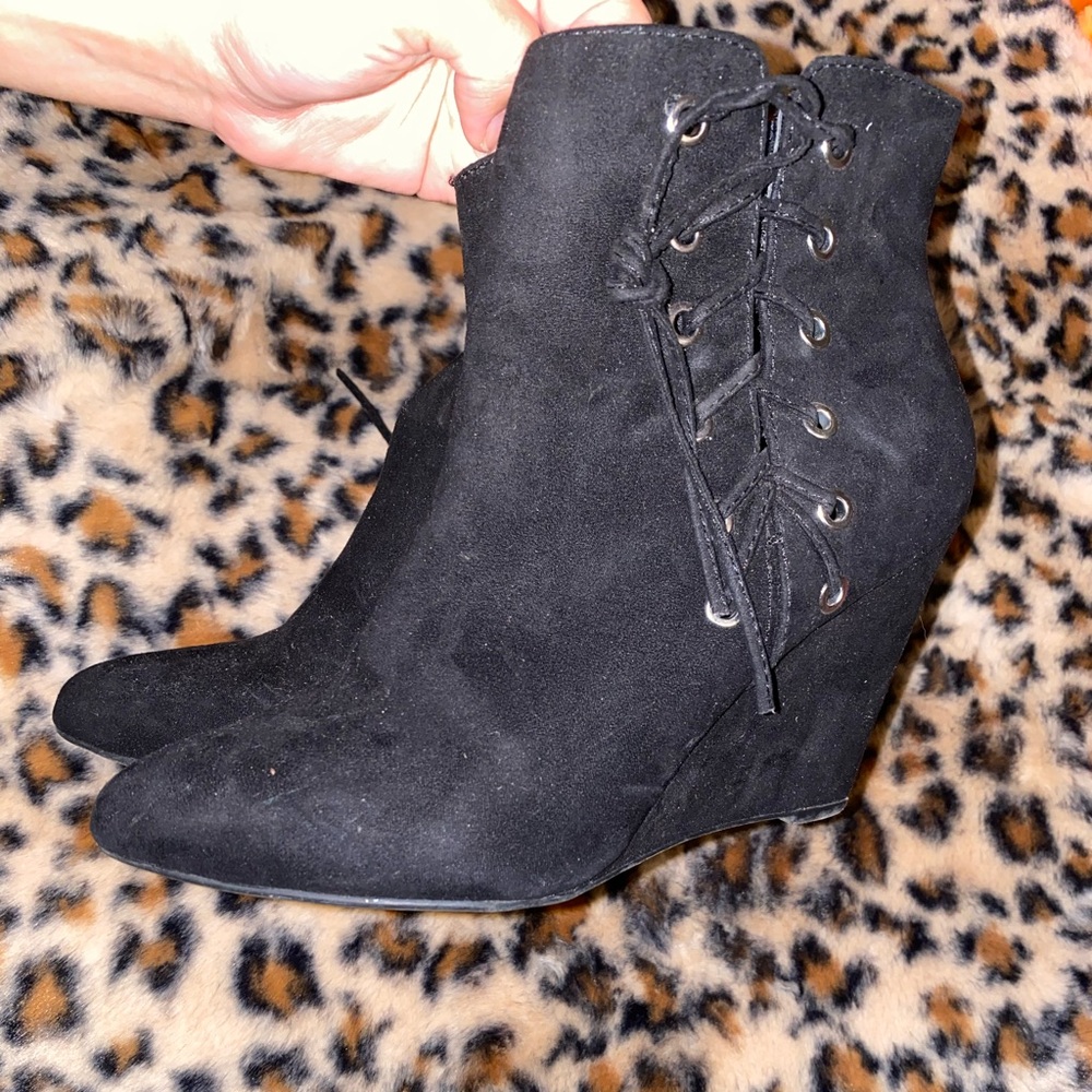 Forever 21 Black Lace-Up Wedge Boots